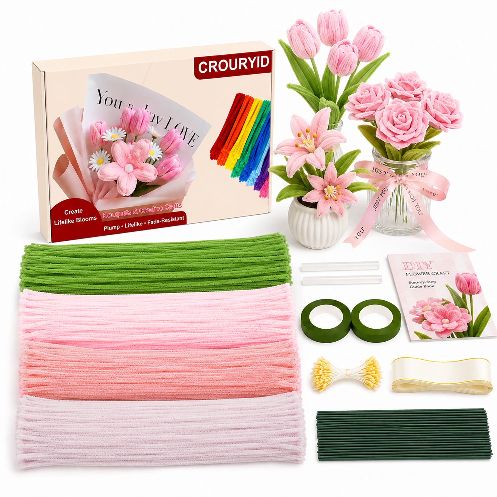Crouryid pipe cleaners – 400pcs, 4 vibrant colors, bendable & non-toxic. Perfect for tulip flowers, school crafts, and DIY gifts. Shop now for free shipping