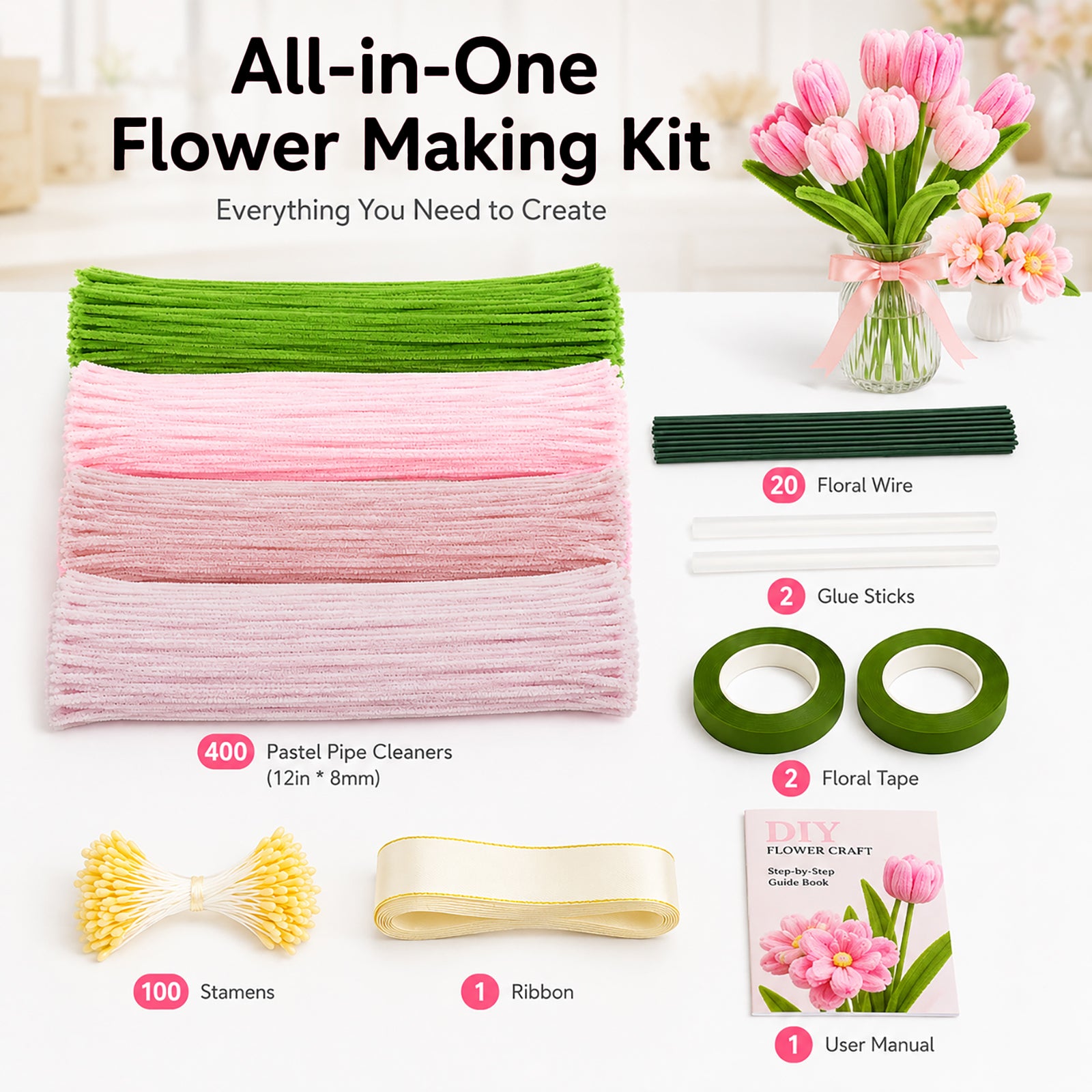 Crouryid pipe cleaners – 400pcs, 4 vibrant colors, bendable & non-toxic. Perfect for tulip flowers, school crafts, and DIY gifts. Shop now for free shipping