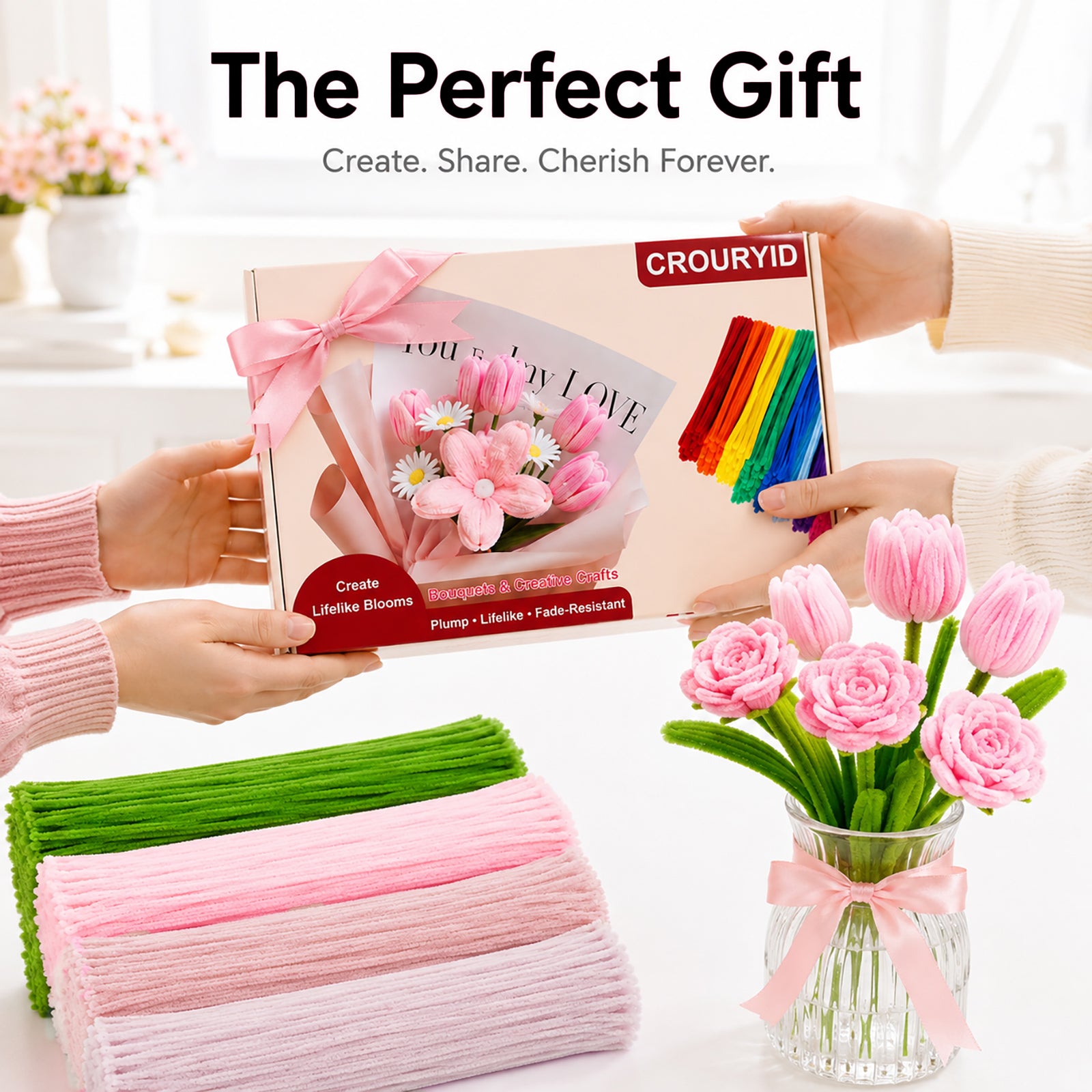Crouryid pipe cleaners – 400pcs, 4 vibrant colors, bendable & non-toxic. Perfect for tulip flowers, school crafts, and DIY gifts. Shop now for free shipping