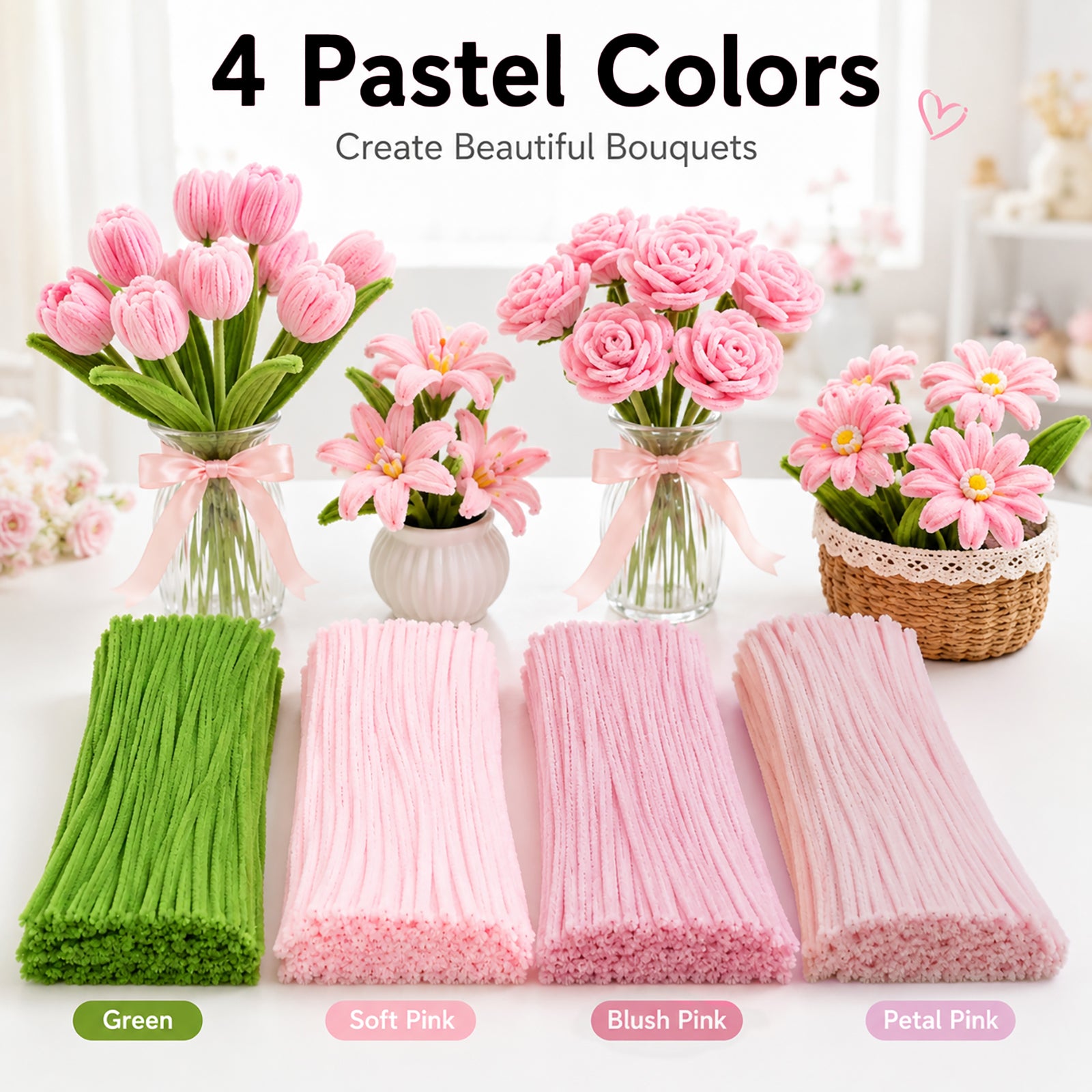 Crouryid pipe cleaners – 400pcs, 4 vibrant colors, bendable & non-toxic. Perfect for tulip flowers, school crafts, and DIY gifts. Shop now for free shipping