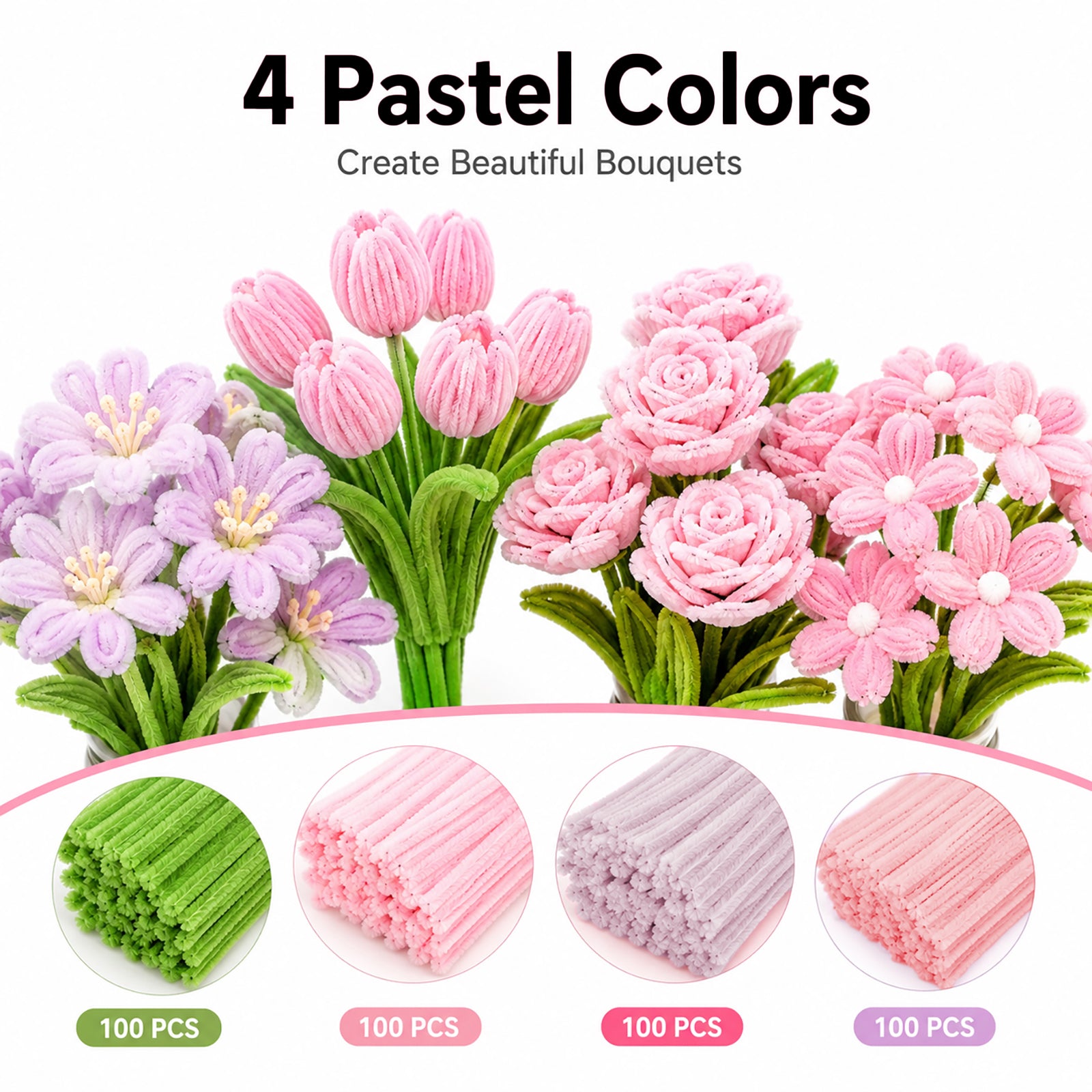 Crouryid pipe cleaners – 400pcs, 4 vibrant colors, bendable & non-toxic. Perfect for tulip flowers, school crafts, and DIY gifts. Shop now for free shipping