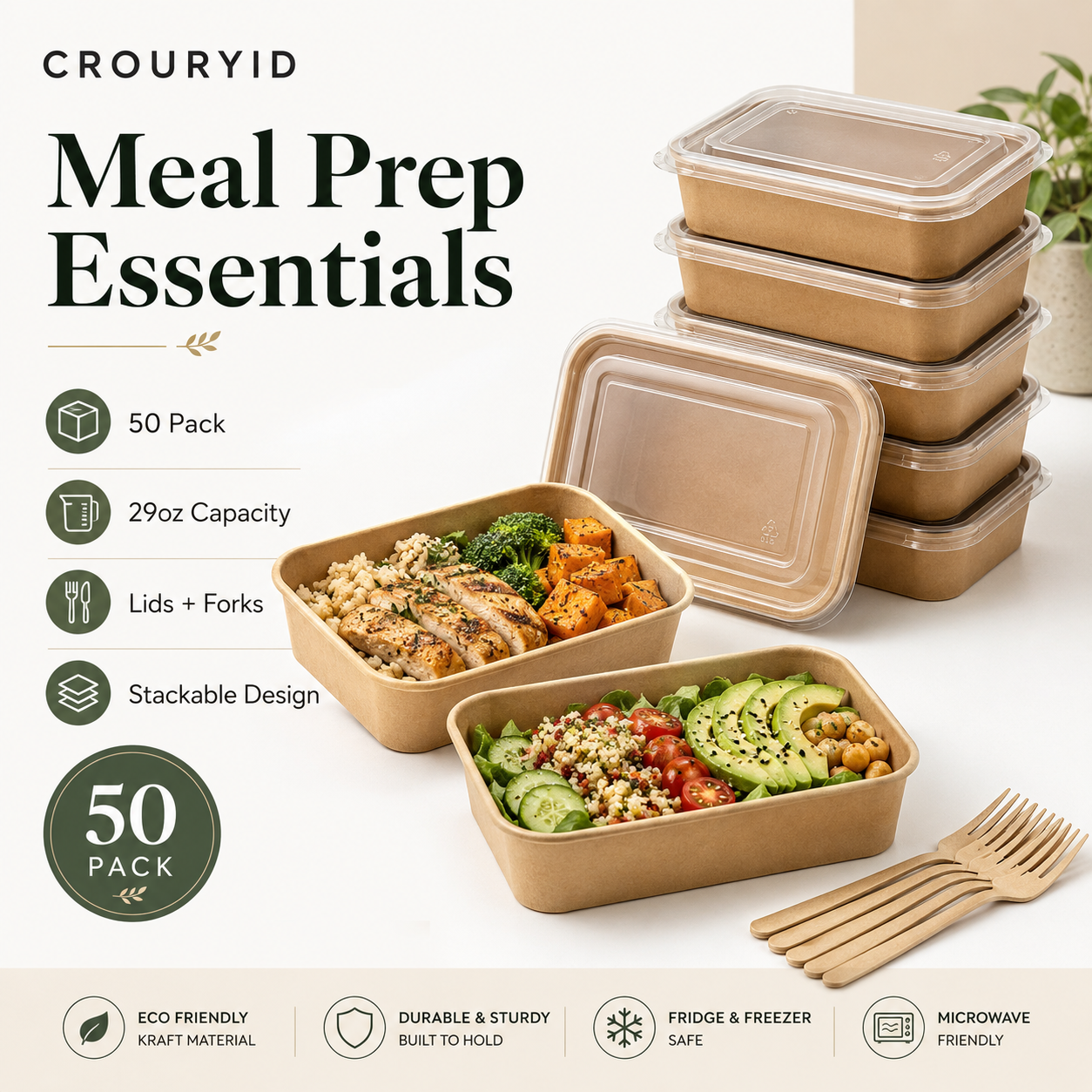50 Pack 29oz Kraft Meal Prep Containers with Lids & Forks