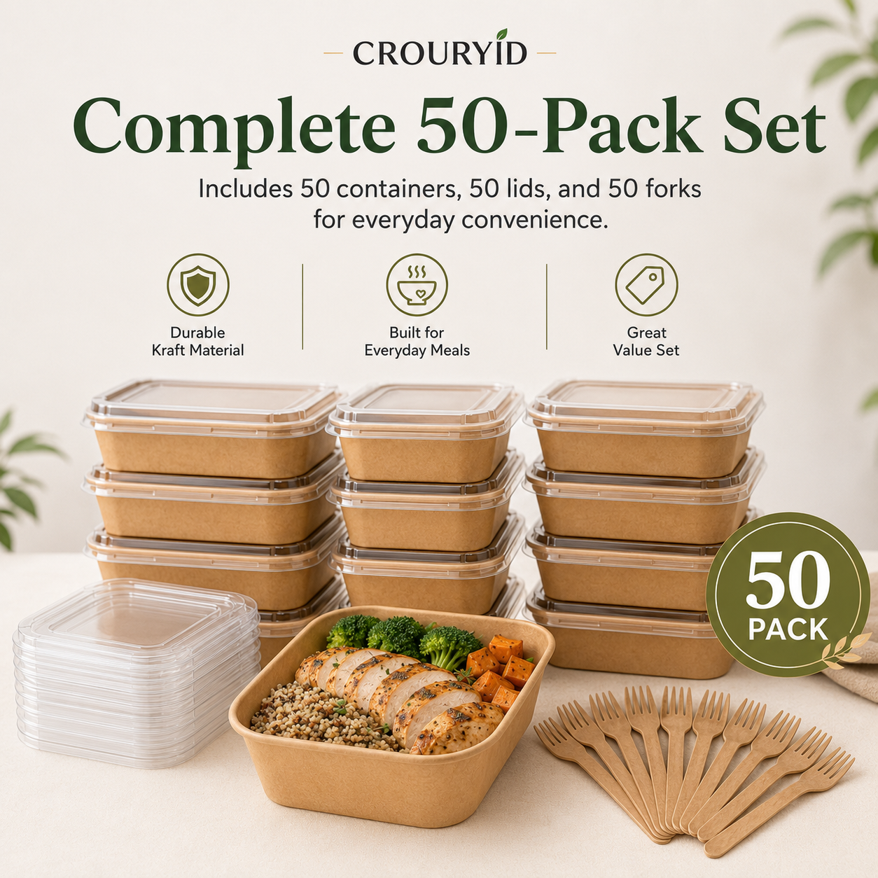 50 Pack 29oz Kraft Meal Prep Containers with Lids & Forks